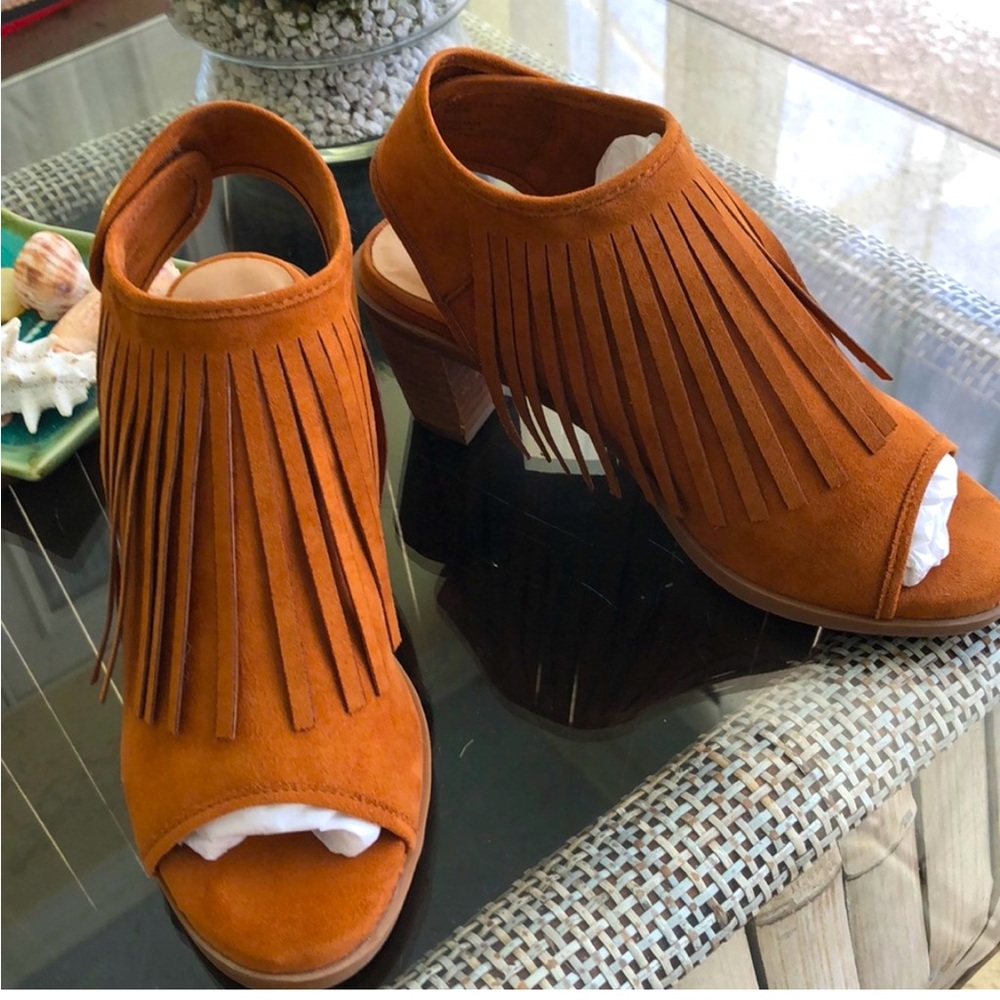 Women’s Fringe Western Boho Vegan Suede Block Heel Shoes Rust Tan Brown Size 6